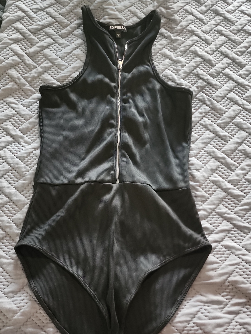 Express Black Ribbed Zip-Front Racerback Bodysuit